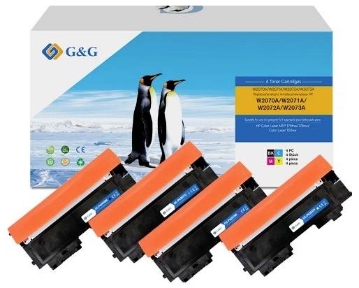 Toner Cartridge Set by G&G, compatible with models W2070A, W2071A, W2072A, W2073A. Packaging features penguins. Includes four cartridges in Black, Cyan, Magenta and Yellow.