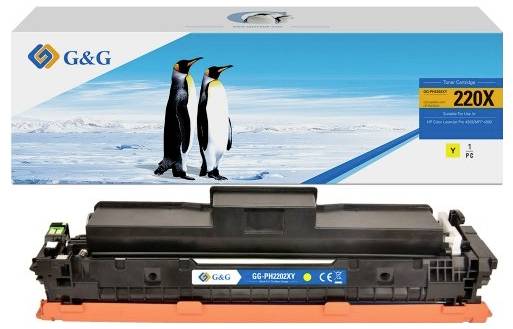 A printer cartridge with the label '220X' stands in front of a box featuring two penguins.