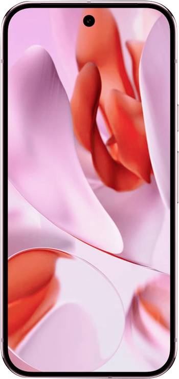 A smartphone with a vibrant, abstract display of pink and red shapes. Front view of the device.