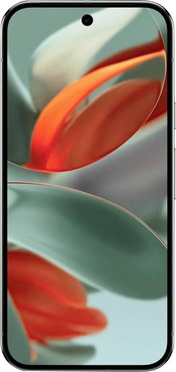 Smartphone with floral wallpaper in grey tones and orange accents on the screen.