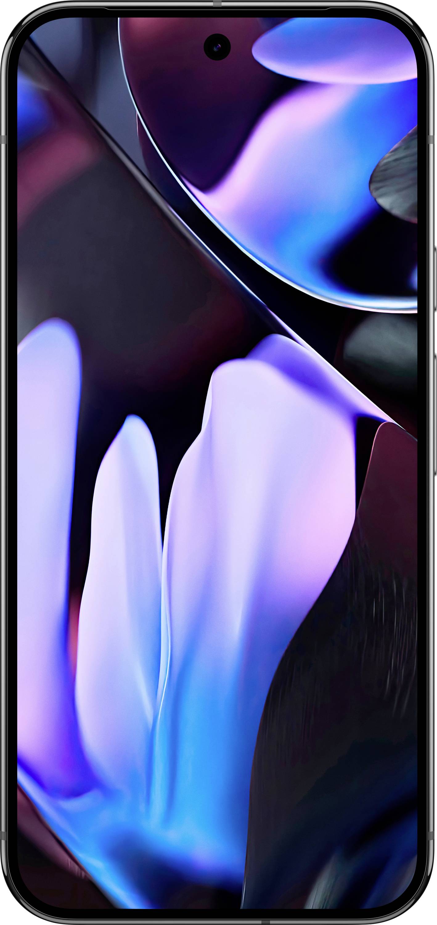 A smartphone with an abstract background displaying blue-violet light patterns and dark surfaces.