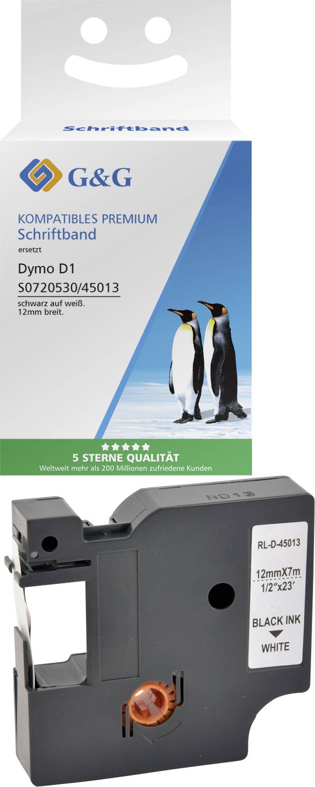 Packaging for a G&G compatible Premium Label Tape for Dymo D1 Printers. Print reads: 'Black Ink', 'White'. Image of two penguins.