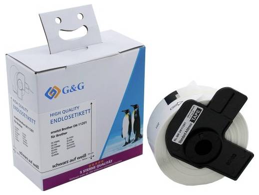 A pack of continuous label tape lies next to a roll of label tape. Suitable for Brother printers, black on white.