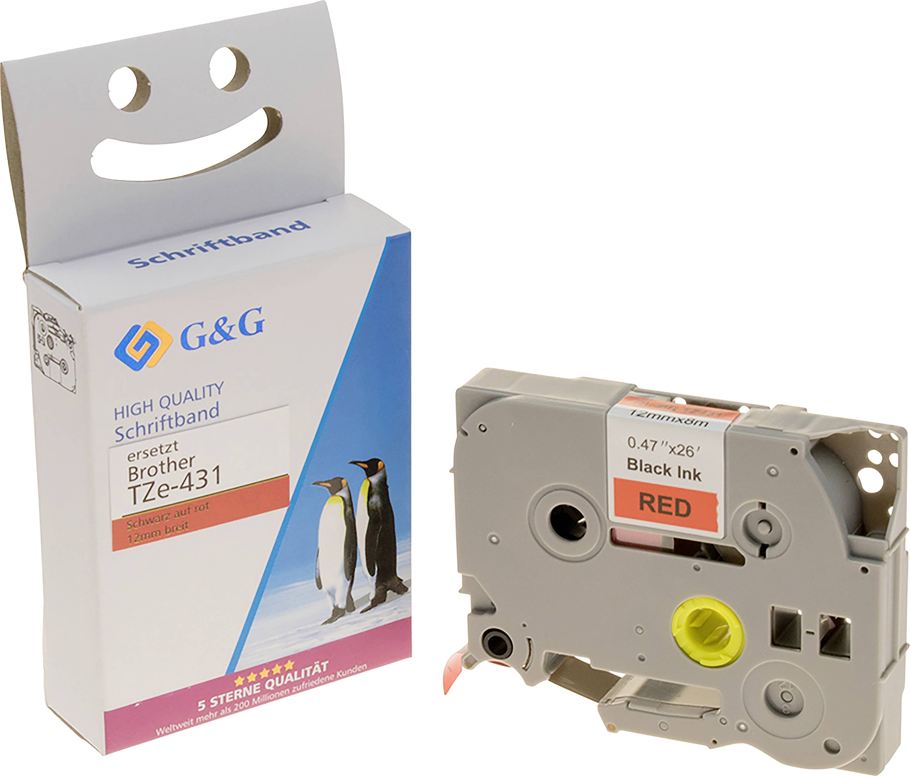 Packaging for a Label Tape Cassette. Text: 'HIGH QUALITY', compatible with Brother TZe-431, 12mm. Contains cassette with black ink.