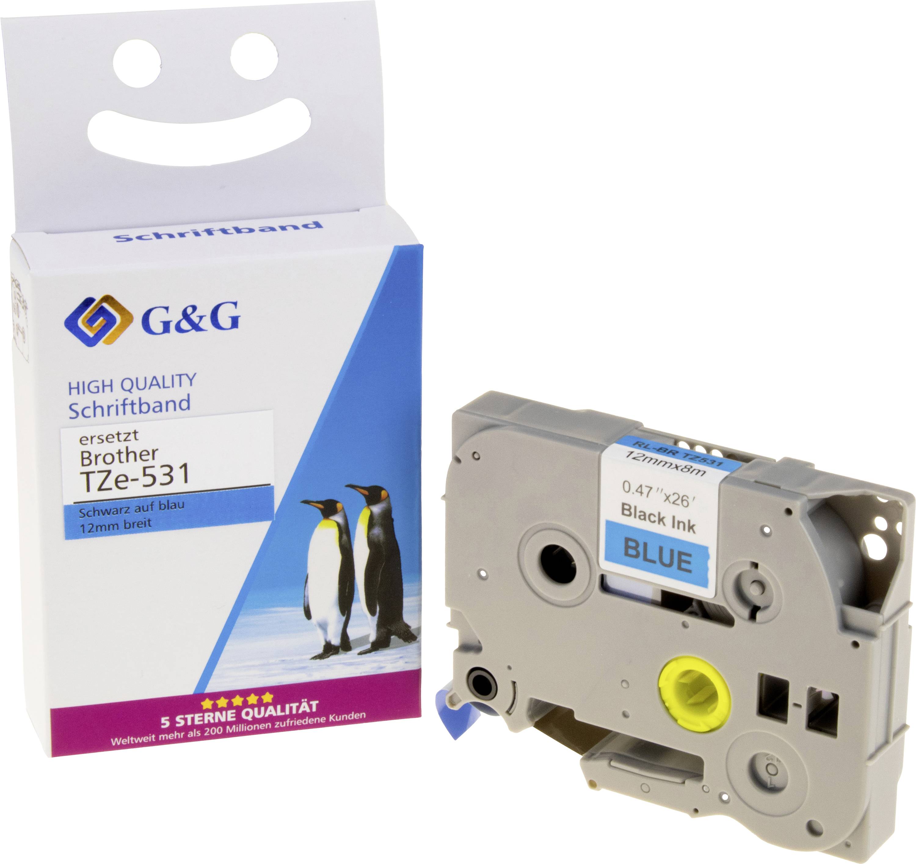 Black label tape with a plastic cartridge featuring blue text. Packaging displays a penguin image and 'G&G' logo. Compatible with Brother TZe-531.
