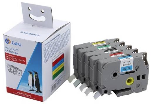 Four grey printer cartridges with coloured labels (blue, yellow, red, black) beside a packaging with a smiling face.