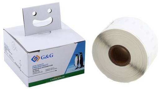 Box with a smiling emoticon on top and a roll of label paper beside it. Brand 'G&G'. Design featuring a penguin image.