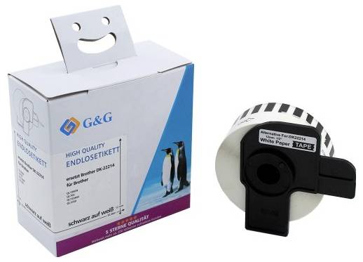 Continuous label in a box with a penguin illustration next to a label roll. Suitable for Brother printers, black on white.