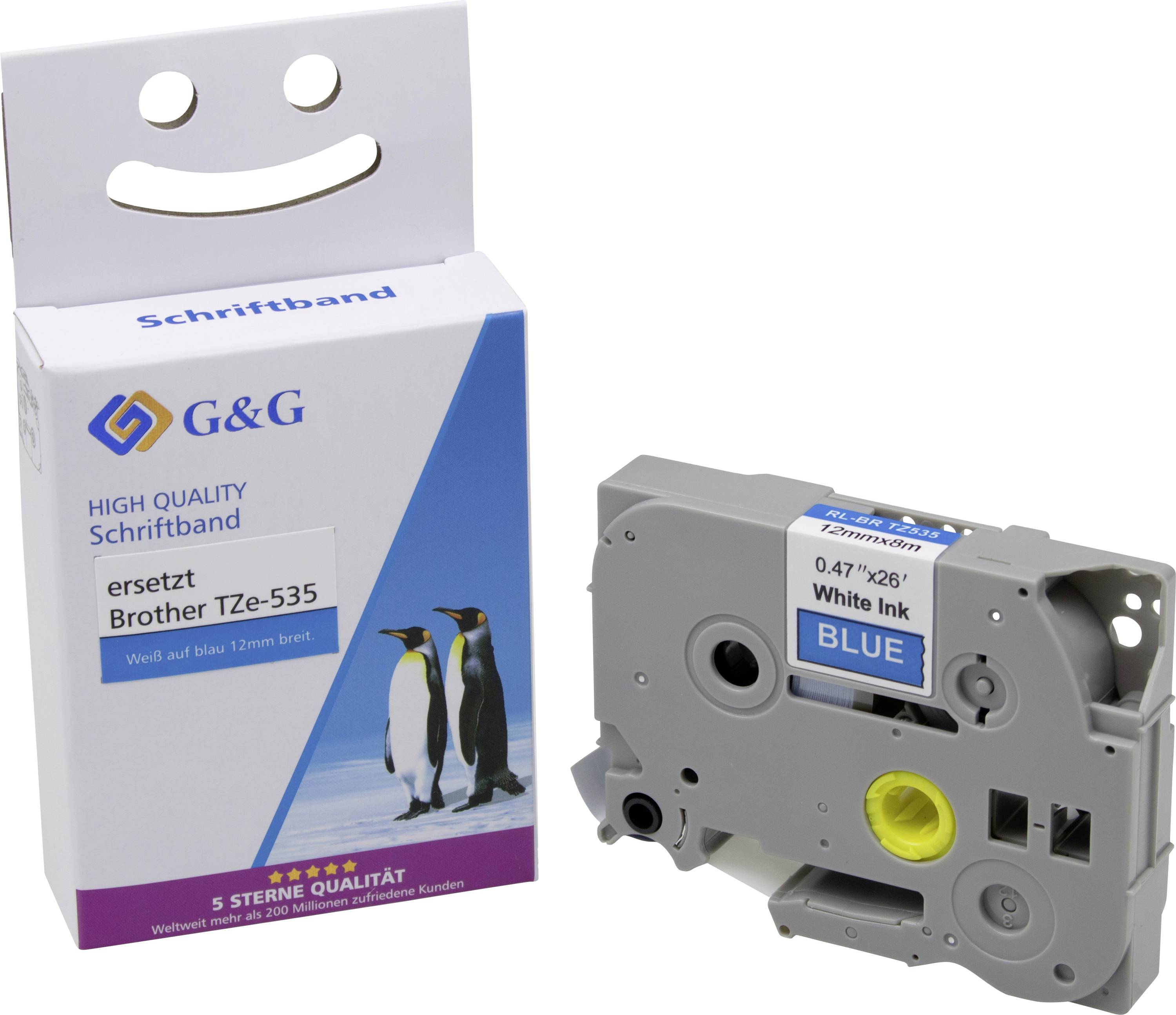 Label of a printer cartridge, compatible with Brother TZe-535, showing three penguins. Indicators of high quality and five stars.