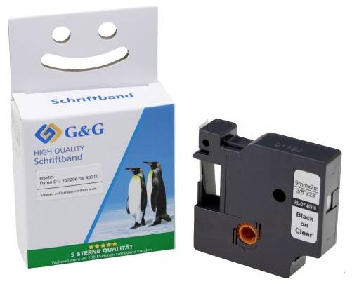 'G&G Label Tape' packaging next to a black labelling cassette. Three penguins are depicted on the packaging.