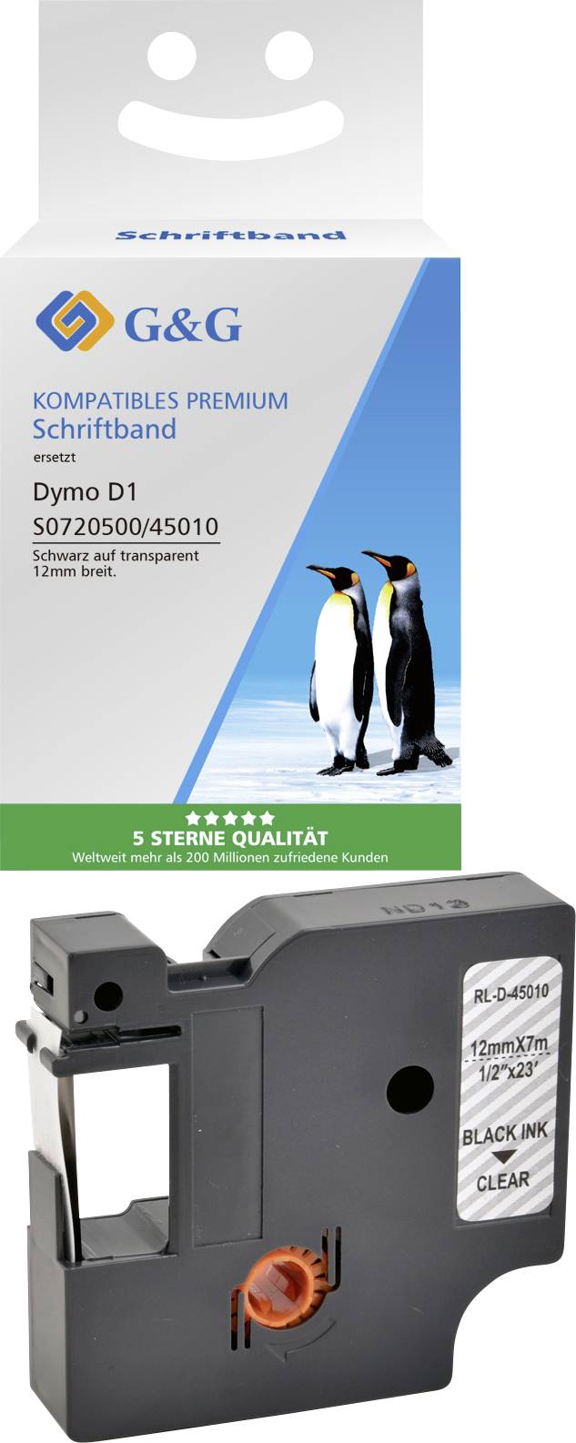 Product Description: Two penguins on the packaging of a compatible Dymo D1 label tape, Black on Transparent.