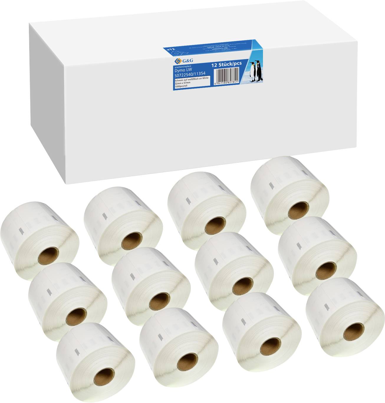 White rectangular packaging contains twelve thermal rolls, suitable for cash register systems. Each roll is white and has a brown core.