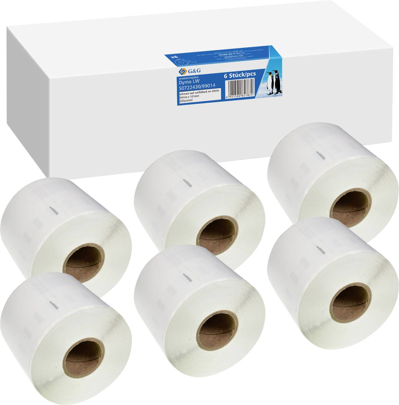 Six rolls of labelled stickers in front of a white packaging box.