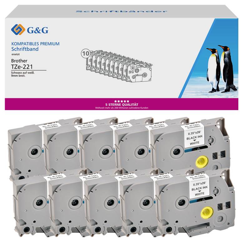 Packaging containing ten compatible printer ribbons for Brother printers, 9mm wide, black on white. Includes an image of penguins.