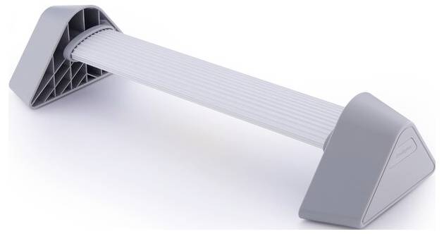 Grey bath panel with textured backrest and triangular end pieces for stability.