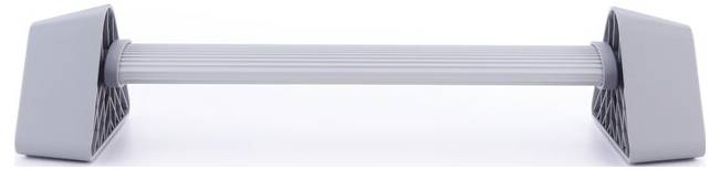 Grey portable exercise roller with two square end caps; used for stretching and muscle relaxation.