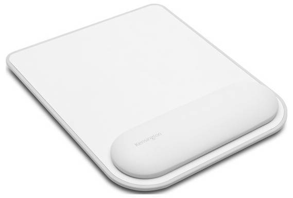 A white mousemat with integrated wrist rest. Minimalist design, suitable for ergonomic computer work.