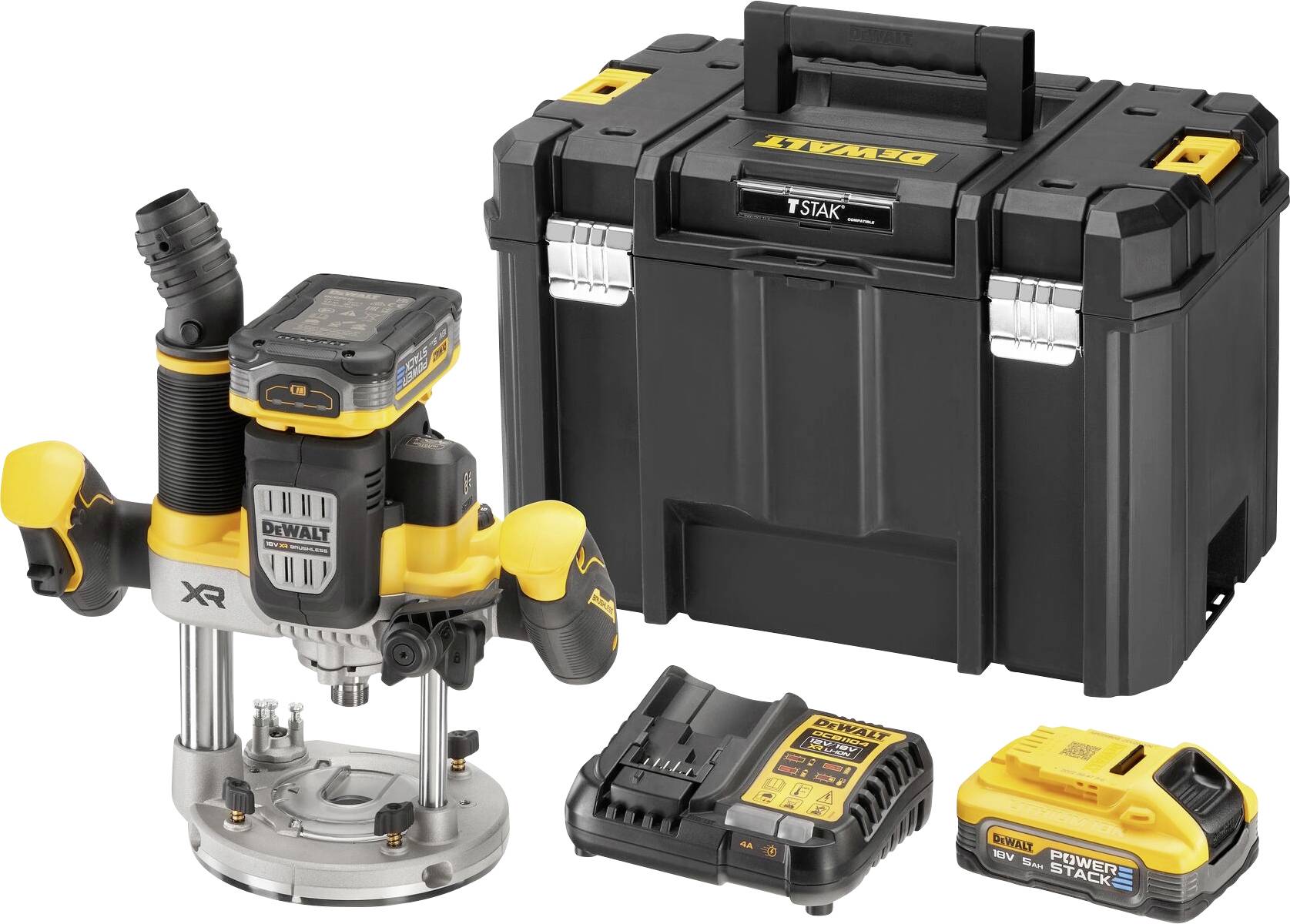 Plunge router with accessories: Battery, charger and transport case by DeWALT. Yellow and black design, suitable for woodworking.