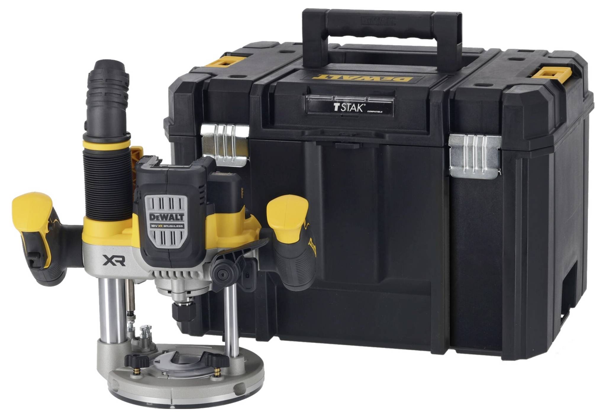 Router with robust transport case, suitable for precise woodworking and easy transportation.