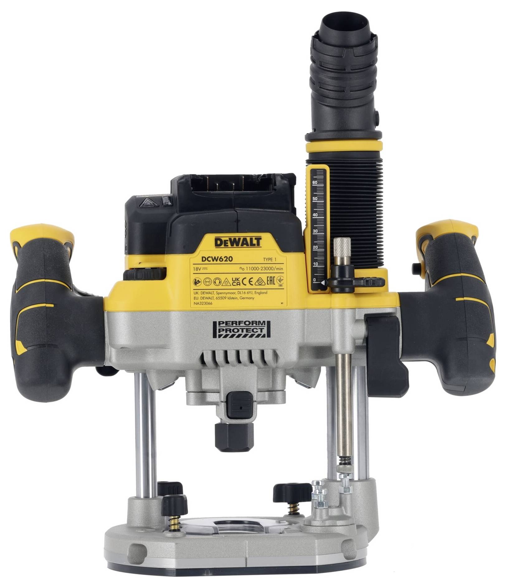 Yellow and black router with two handles and a powerful motor. Tool for precise wood routing and machining.