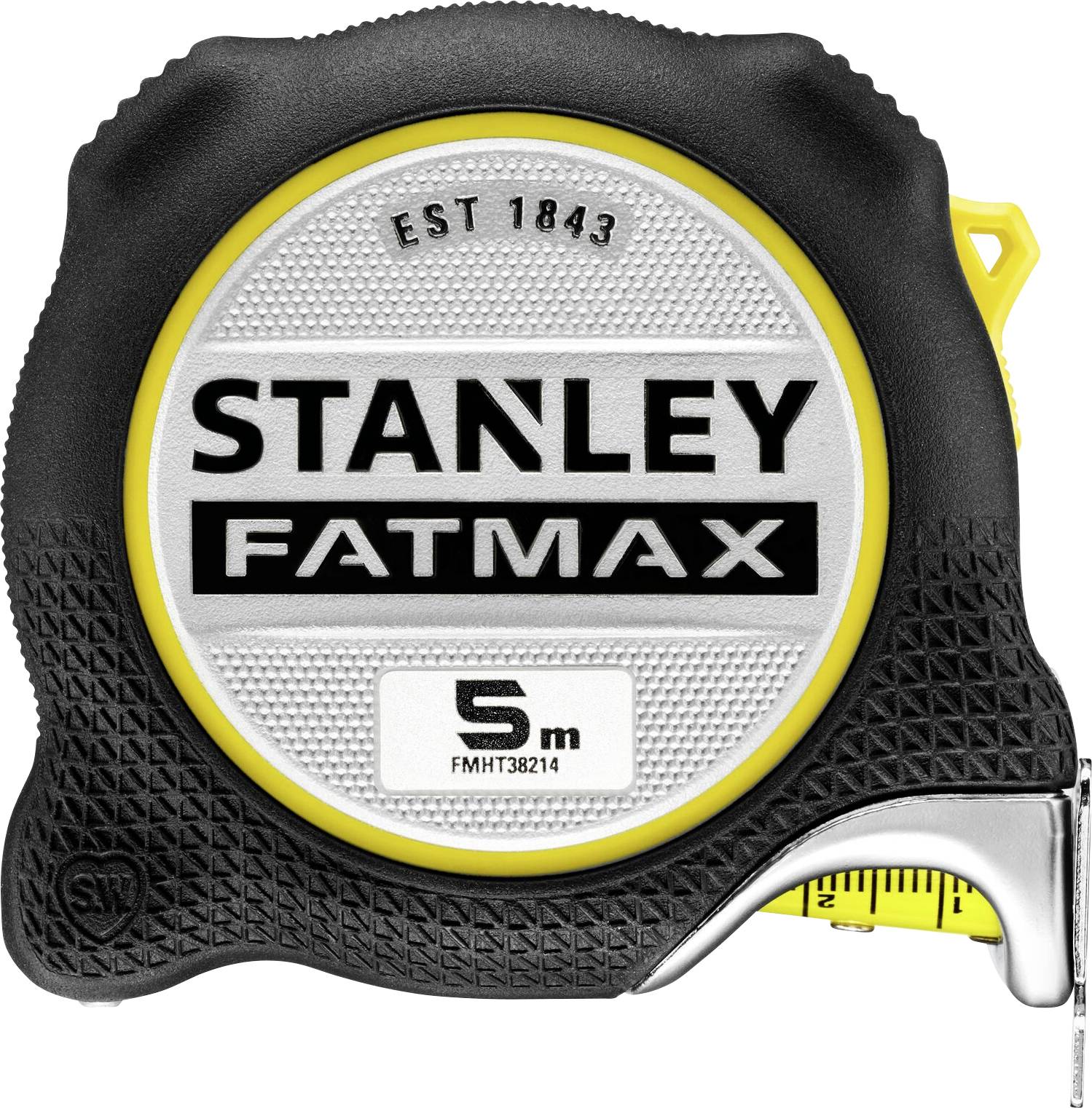 Black and yellow 'Stanley Fatmax' measuring tape, 5 metres long.