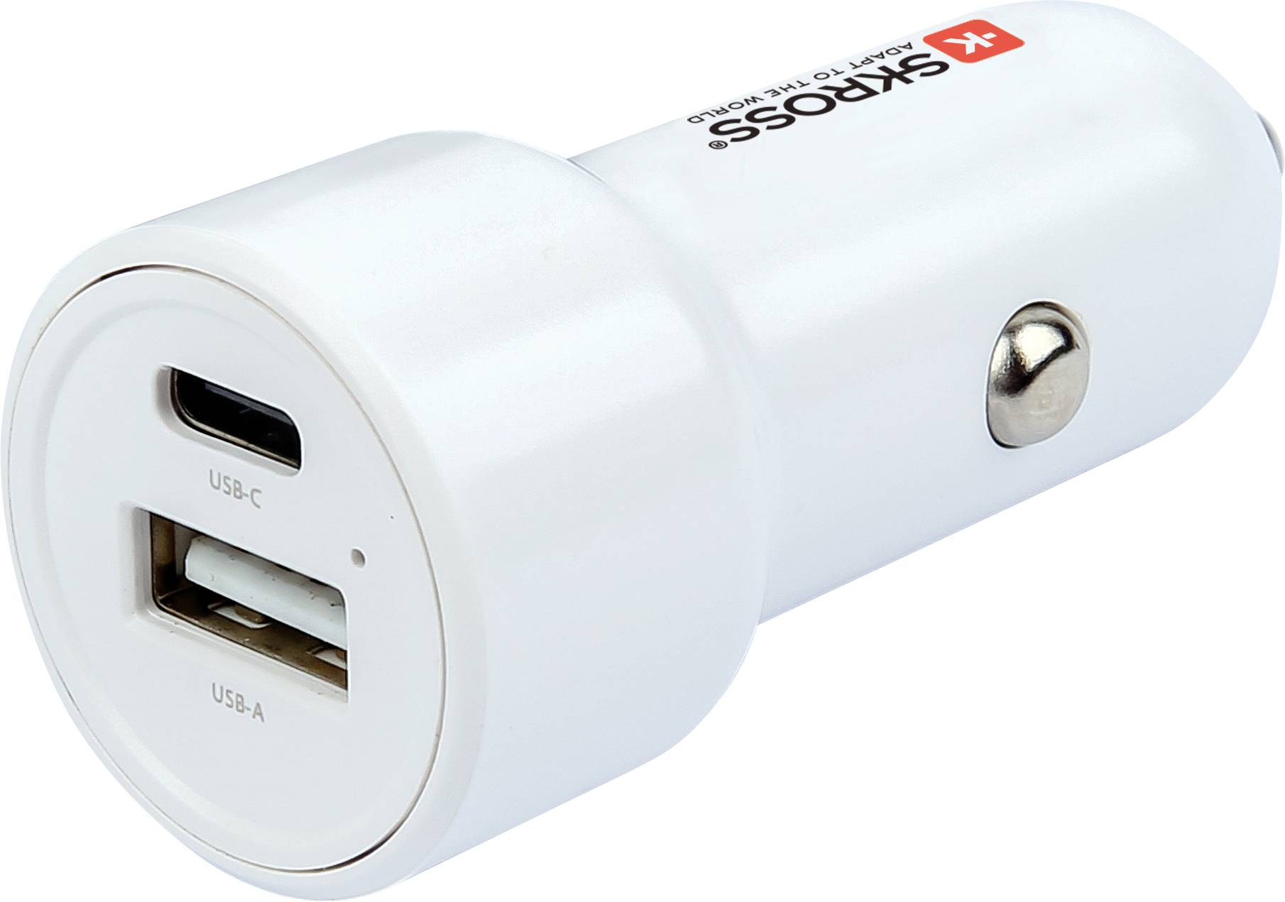 White car charger with USB-C and USB-A ports, suitable for mobile charging.