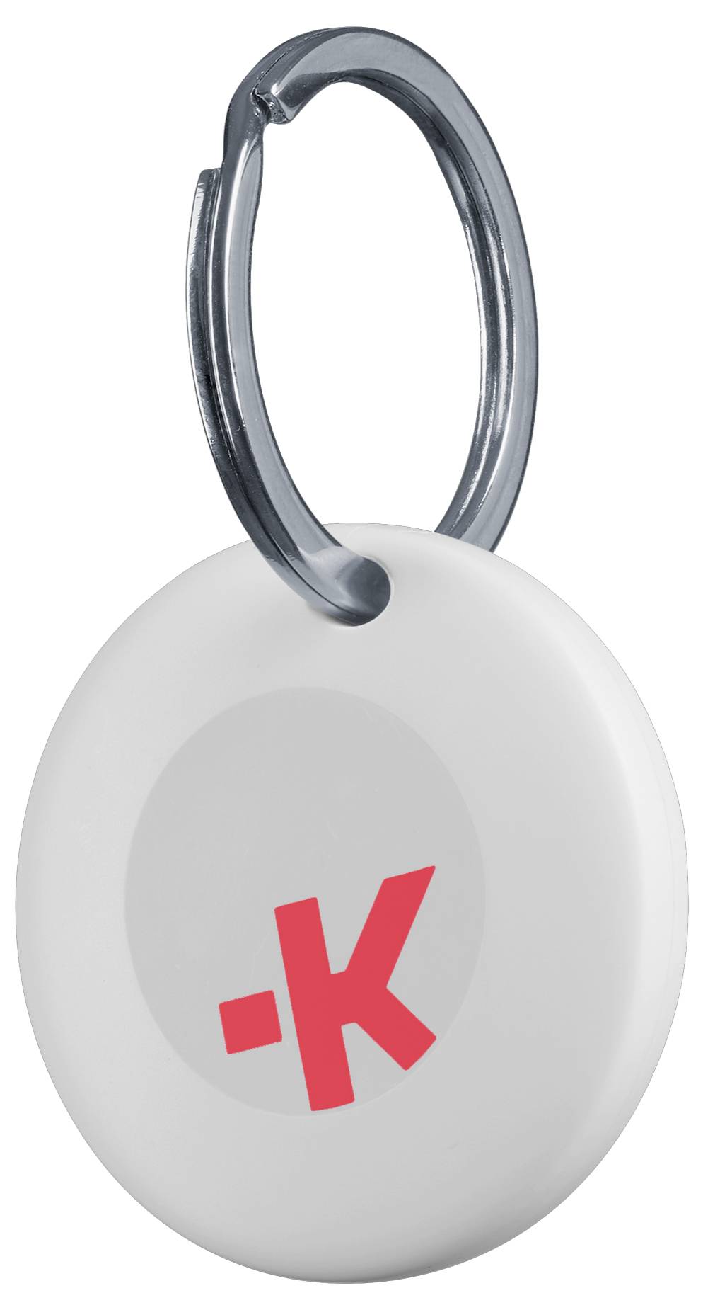 A metal oval key fob with a red '-K' on a white background.