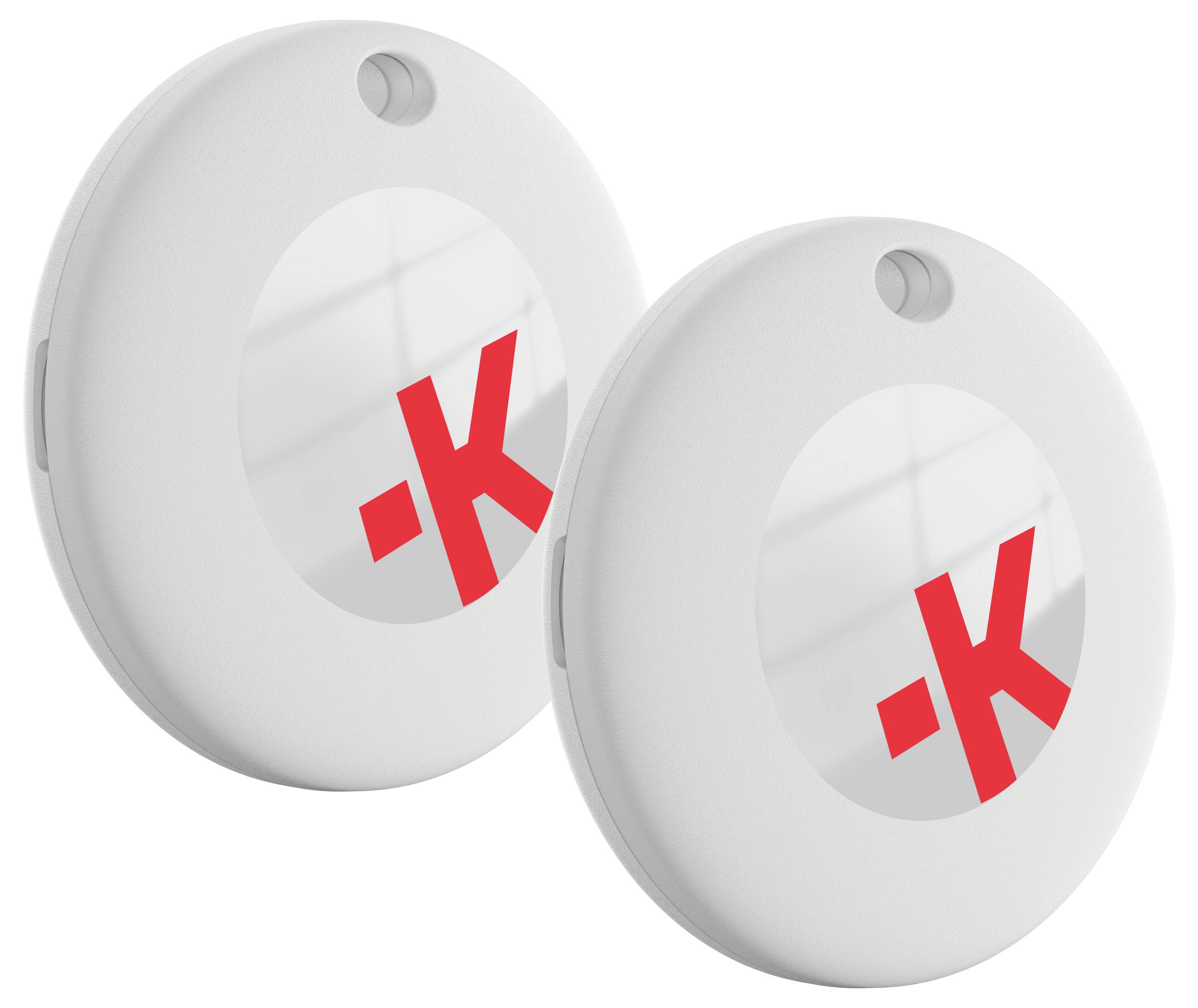 Two round, white devices with a red '-K' logo in the centre. They have a small button on the top and are identically designed.