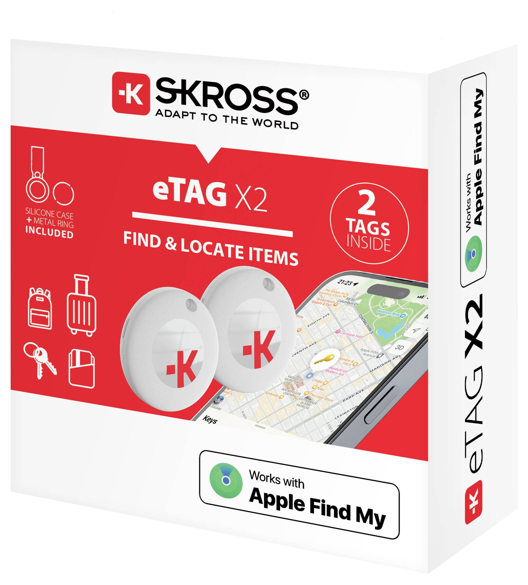 Packaging for SKROSS eTAG X2. Two white tags for locating items with Apple Find My. Includes silicone case and metal ring.