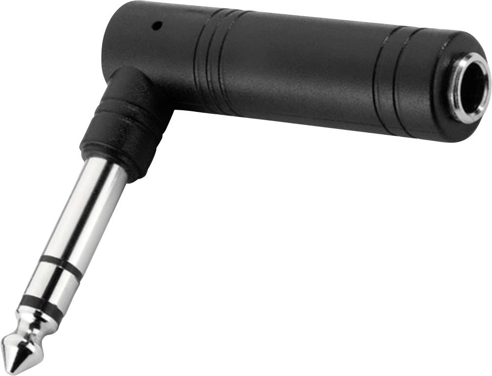 A black 90-degree audio adapter with a large jack plug and a 3.5 mm socket, suitable for musical instruments.