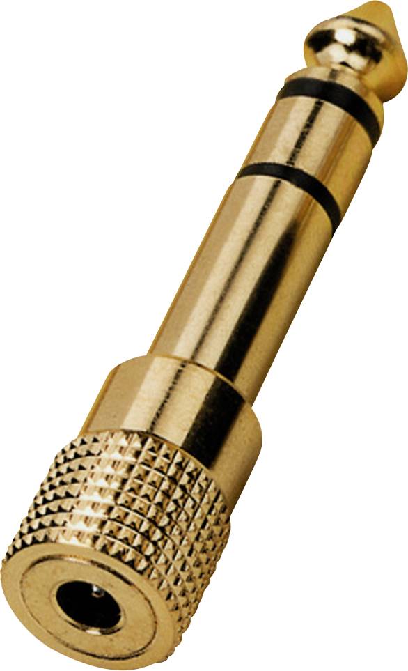 A gold-coloured 6.35 mm audio adapter with a knurled grip. Essential for connecting audio devices with different sockets.