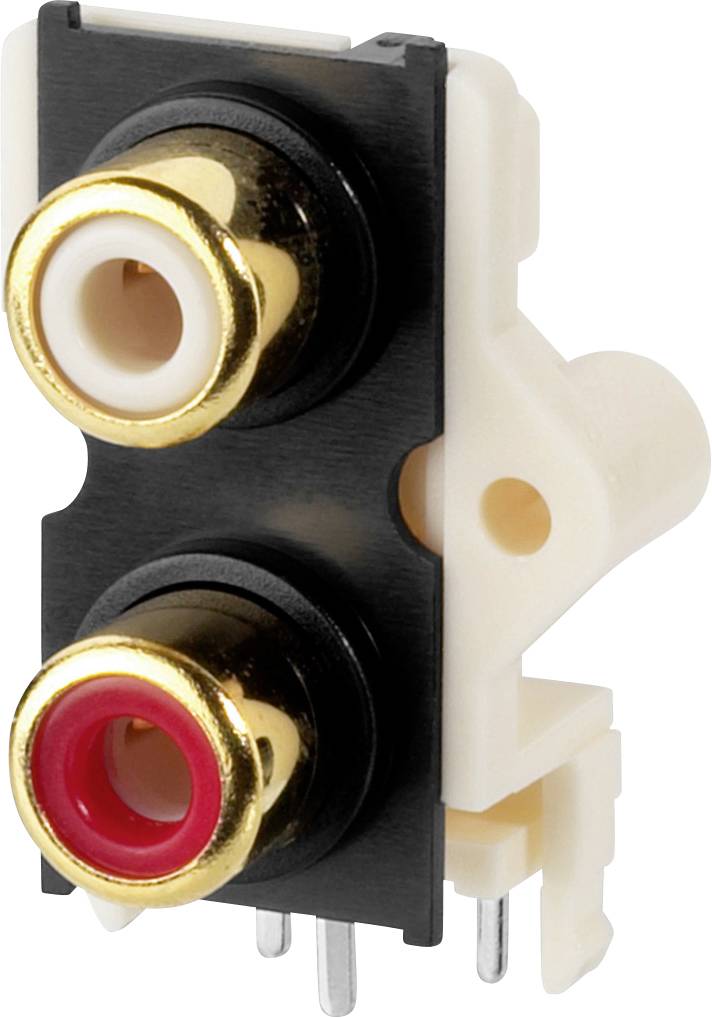 Two gold-plated RCA sockets, one with a white ring and one with a red ring, mounted on a plastic mounting plate.