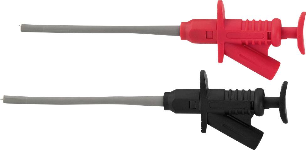 Two medical needles: one red and one black, both with grey tubes. They are lying parallel, purpose unclear.