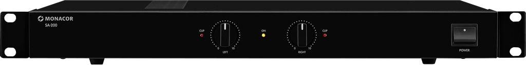 Black audio rack amplifier with two rotary knobs in the centre and red, yellow, and green LED indicators.