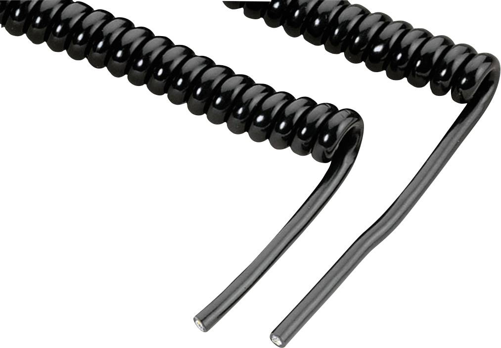 Black spiral cables on a white background, with two ends showing smooth cable sections.