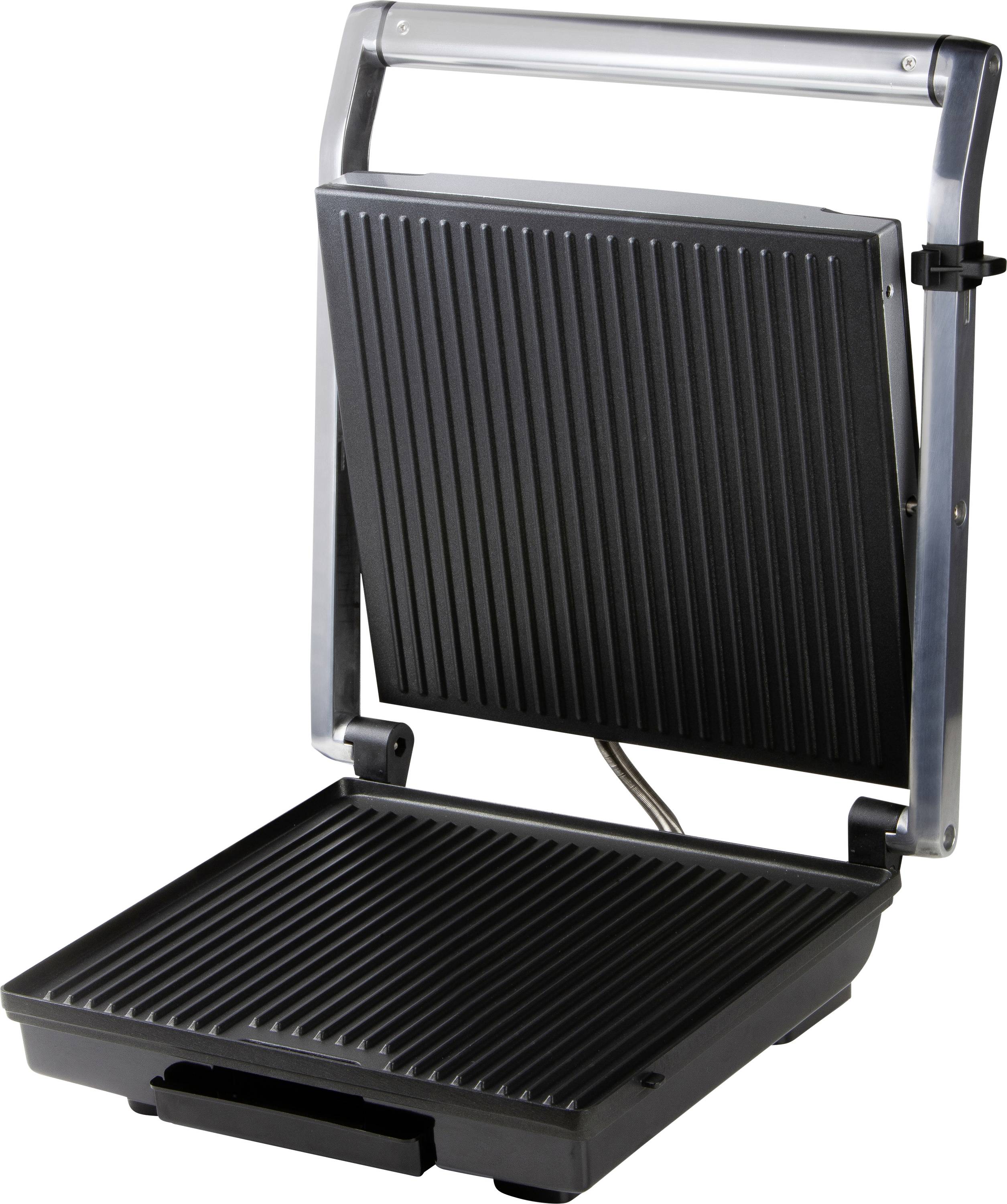 An open contact grill with ridged grill plates, ready to cook food. Perfect for sandwiches and grilled dishes.