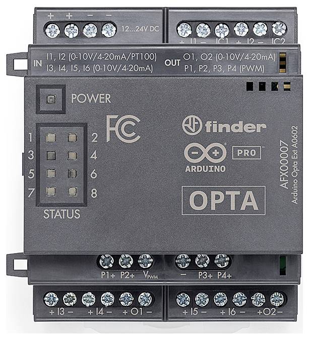Electronic control unit with multiple connections and labels such as 'Power', 'Status' and 'OPTA', including Arduino logo.