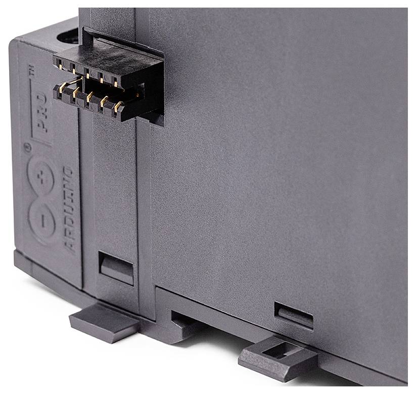 A black electronic device with multiple connection pins and the text 'ARDUINO'. It is shown as a module.