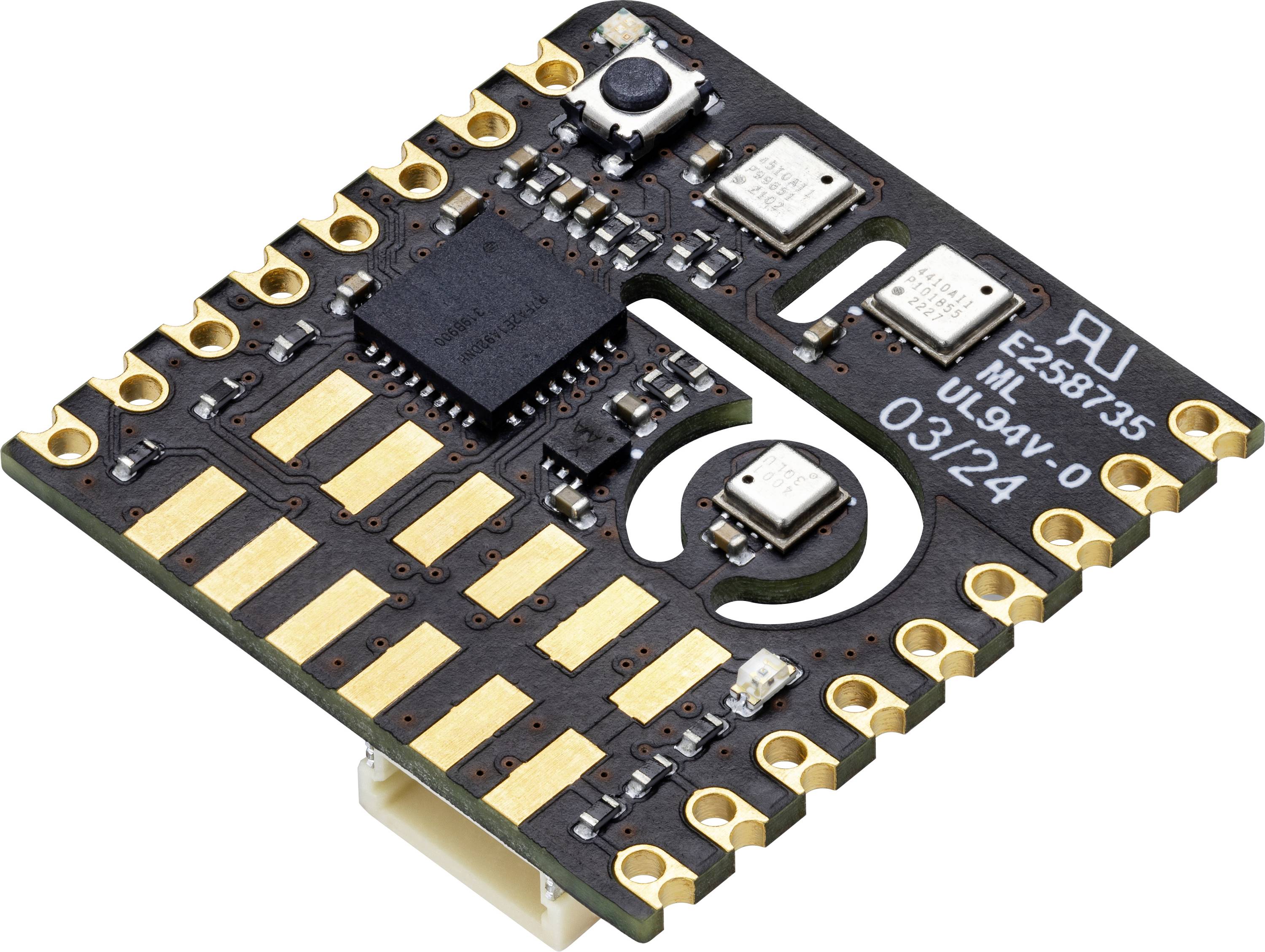 An electronic circuit board with several visible components, including a chip in the centre, surrounded by small square sensors.