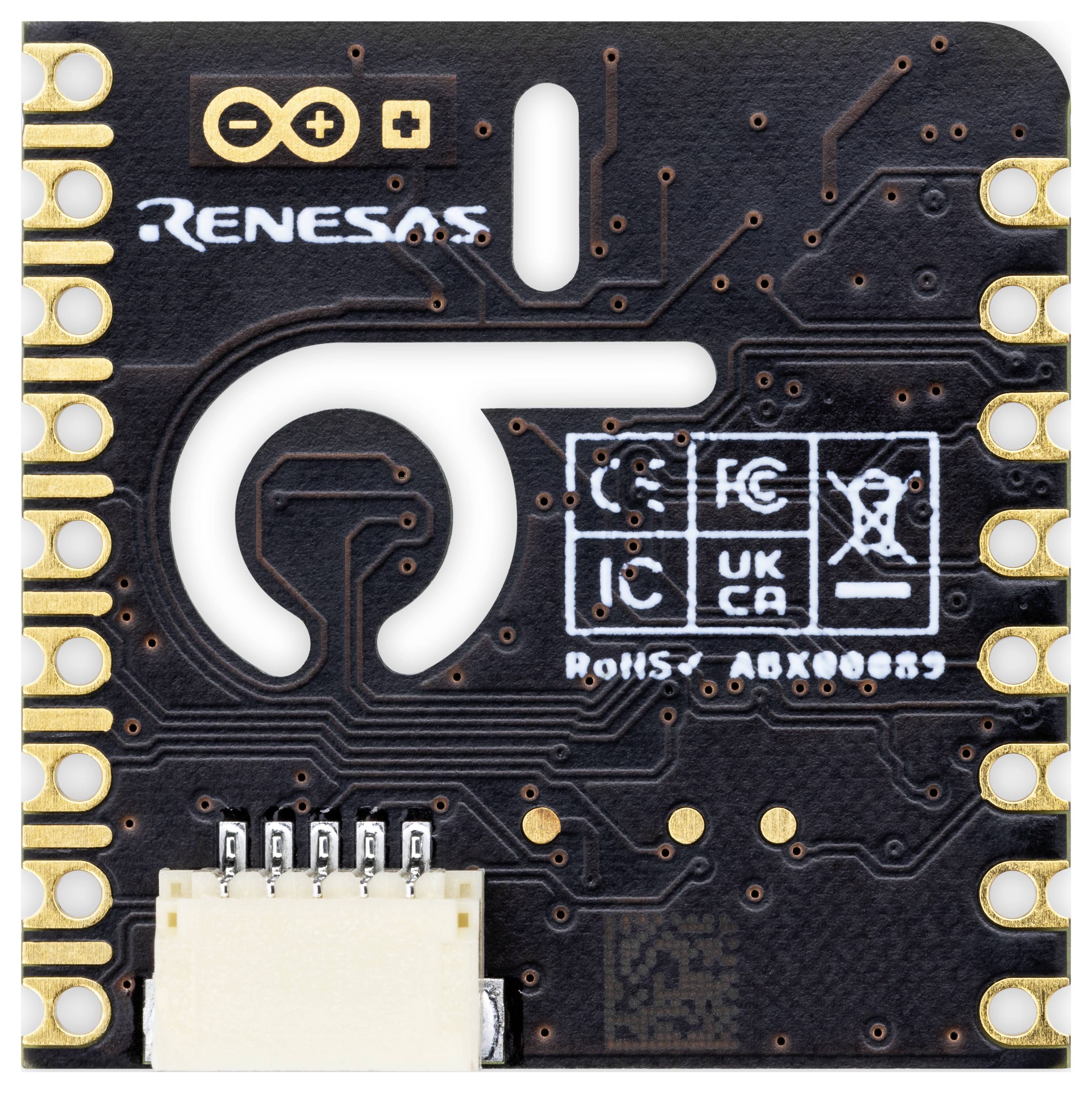 Black microcontroller board with gold-plated connectors, Renesas brand name visible, CE and UKCA certifications printed.