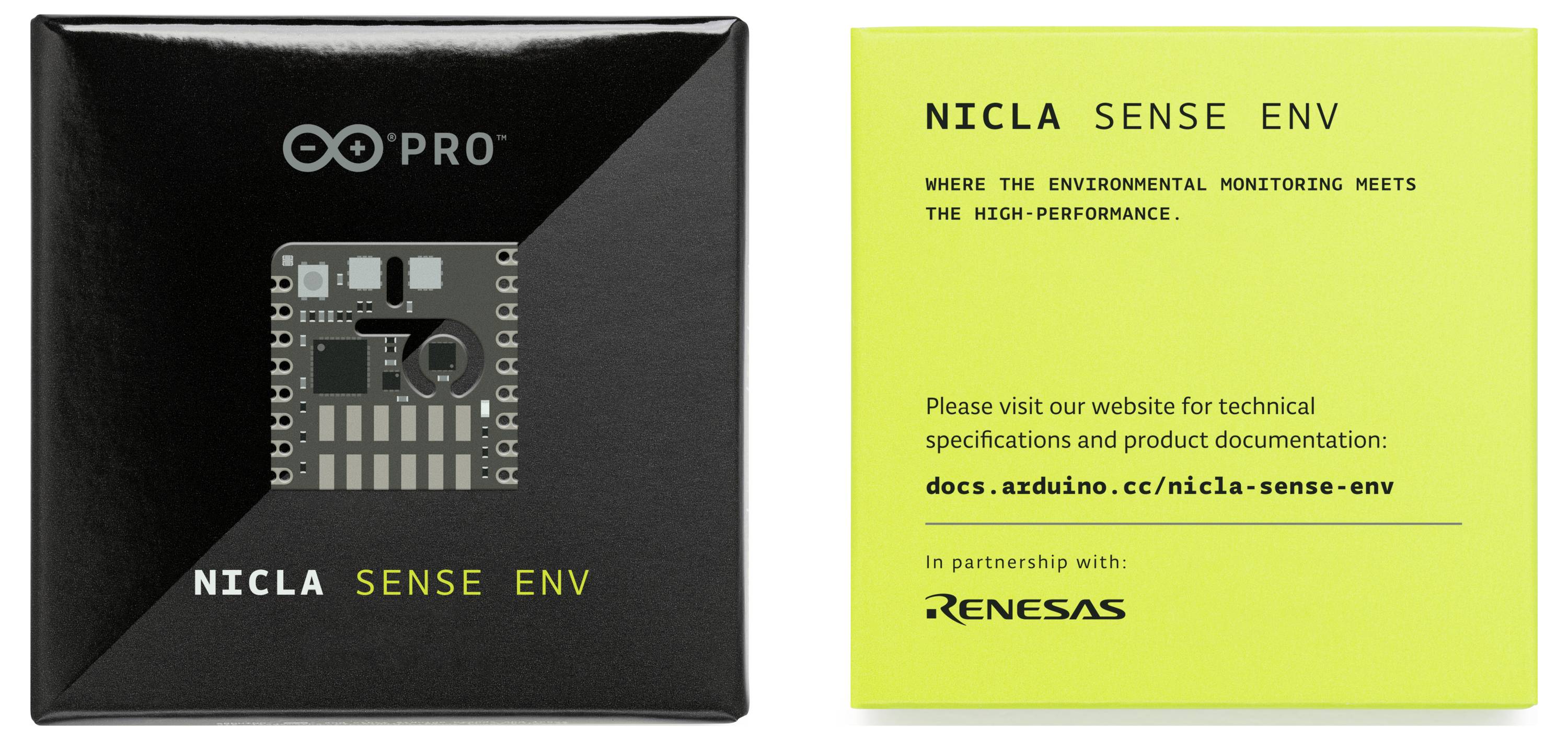 'NICLA SENSE ENV': Packaging shows a microcontroller board. Text mentions environmental monitoring and performance. Further information available at docs.arduino.cc/nicla-sense-env. Partnership with Renesas.