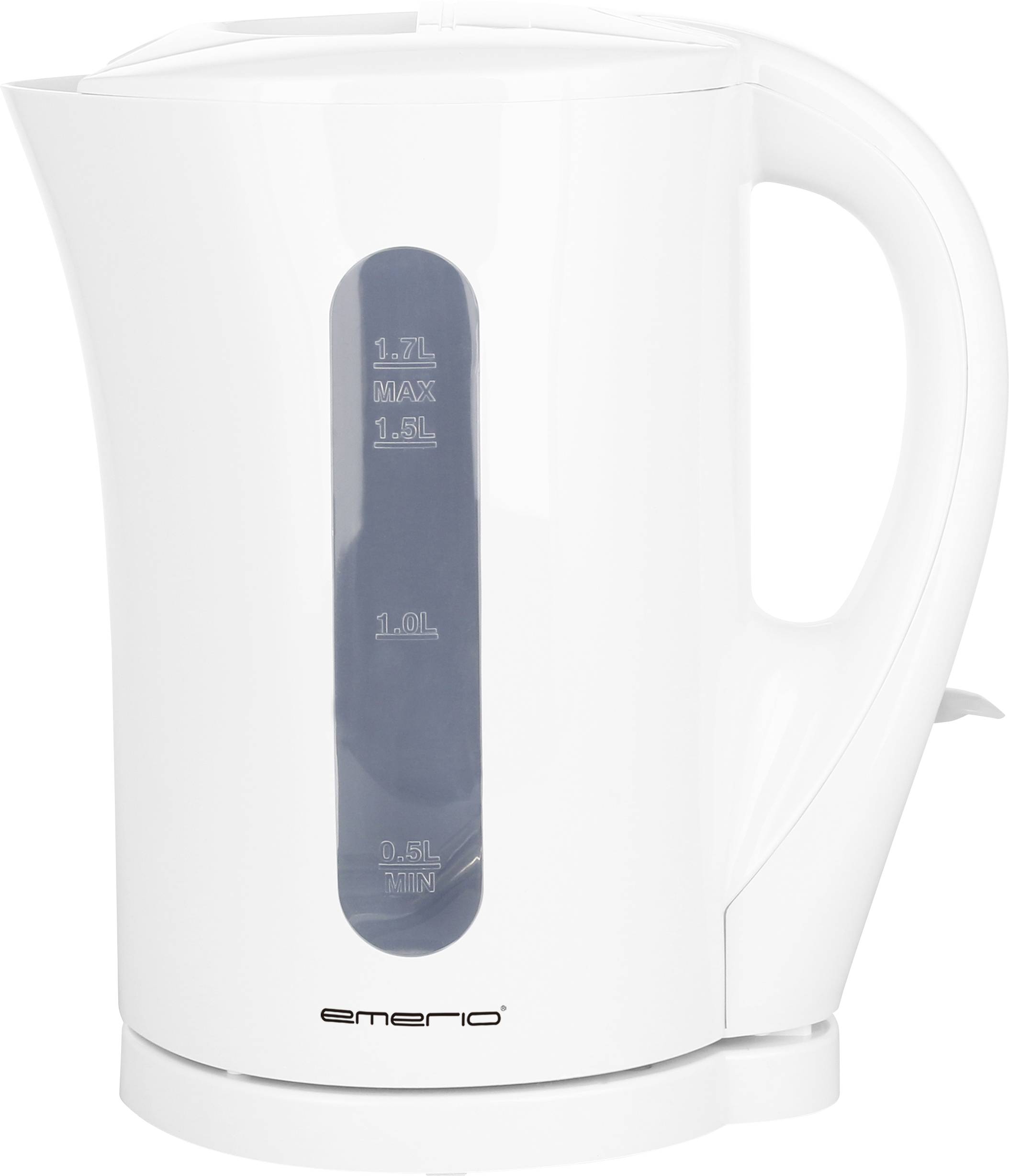 A white kettle with a black viewing window shows water levels: 1.7 L Max, 1.5 L, 1.0 L, 0.5 L Min. Brand logo at the bottom.