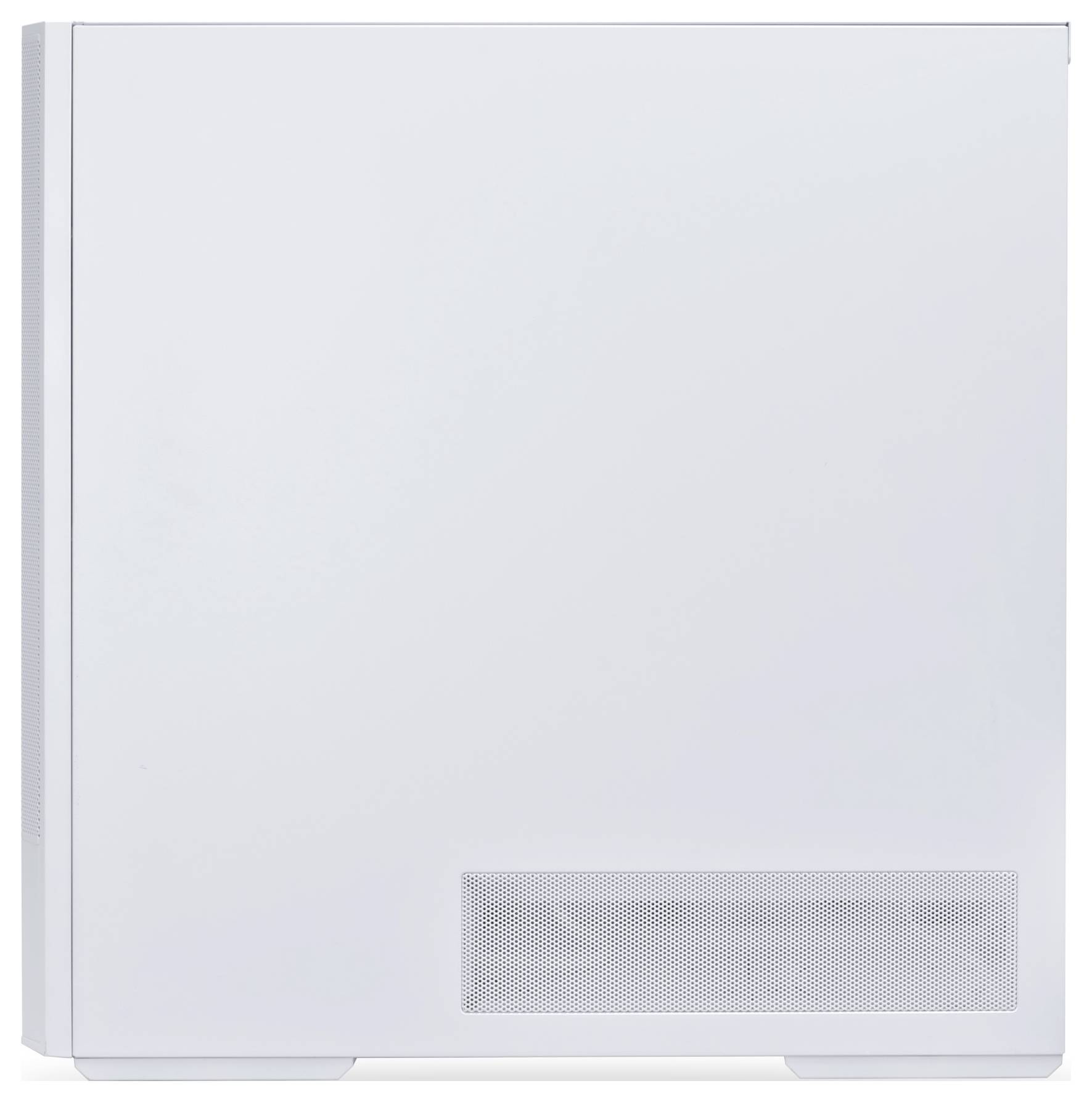 A white computer case with a smooth surface and a small ventilation grille along the bottom edge.