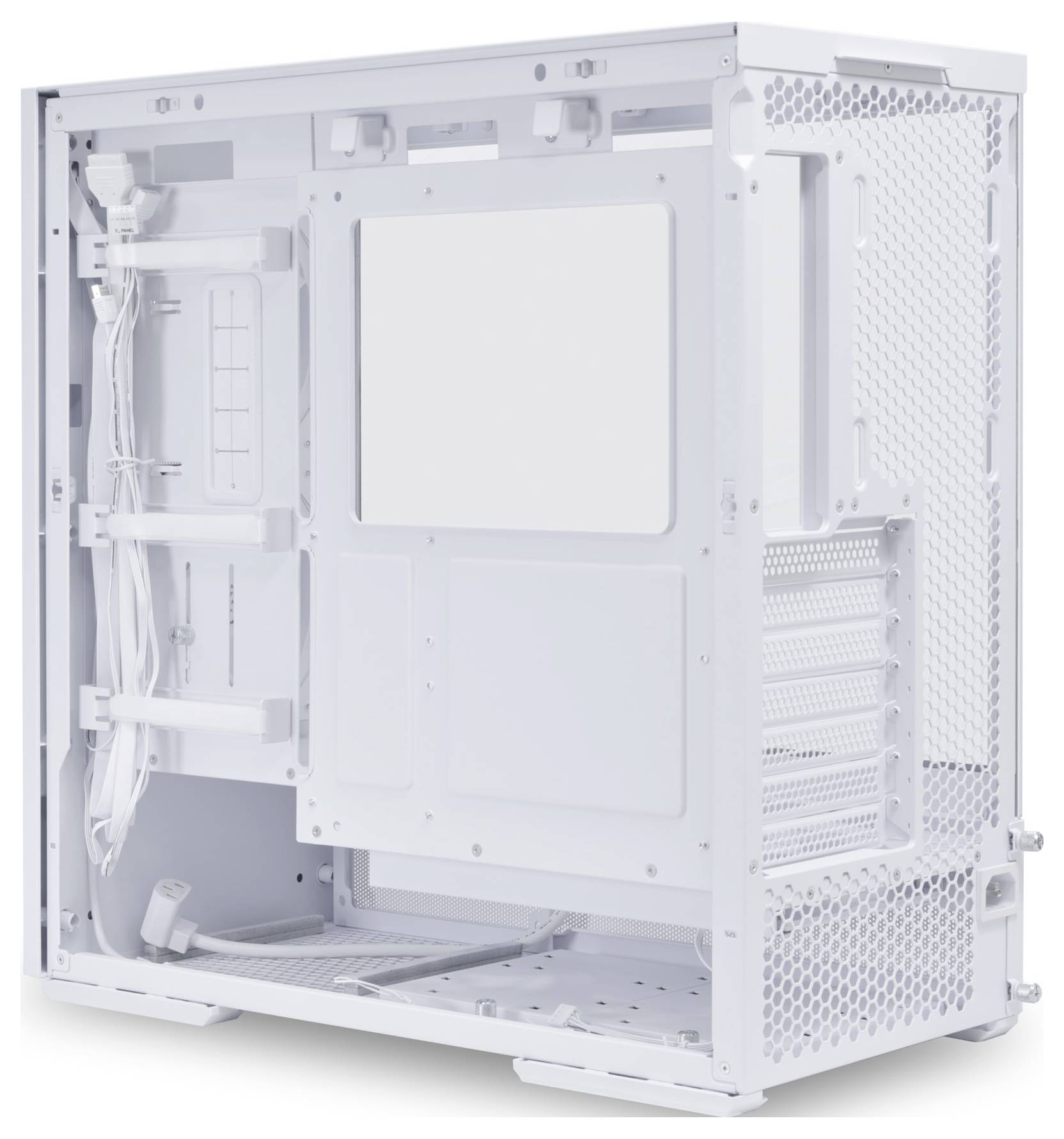 A blank, white computer case with an open interior, cable management, and ventilation openings on the rear.