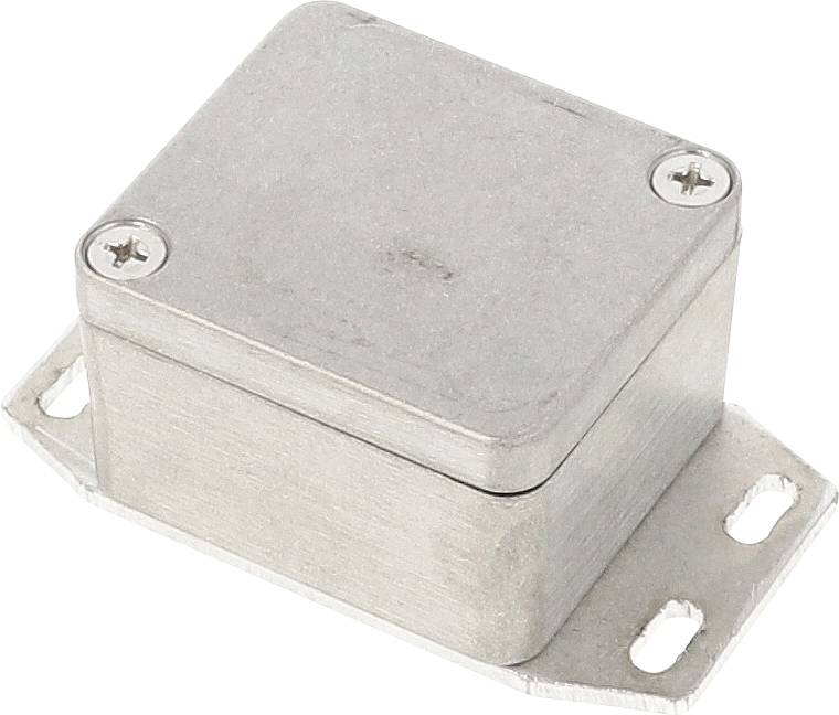 Metal box with screws at each corner, mounted on a rectangular base with rounded corners and mounting holes.