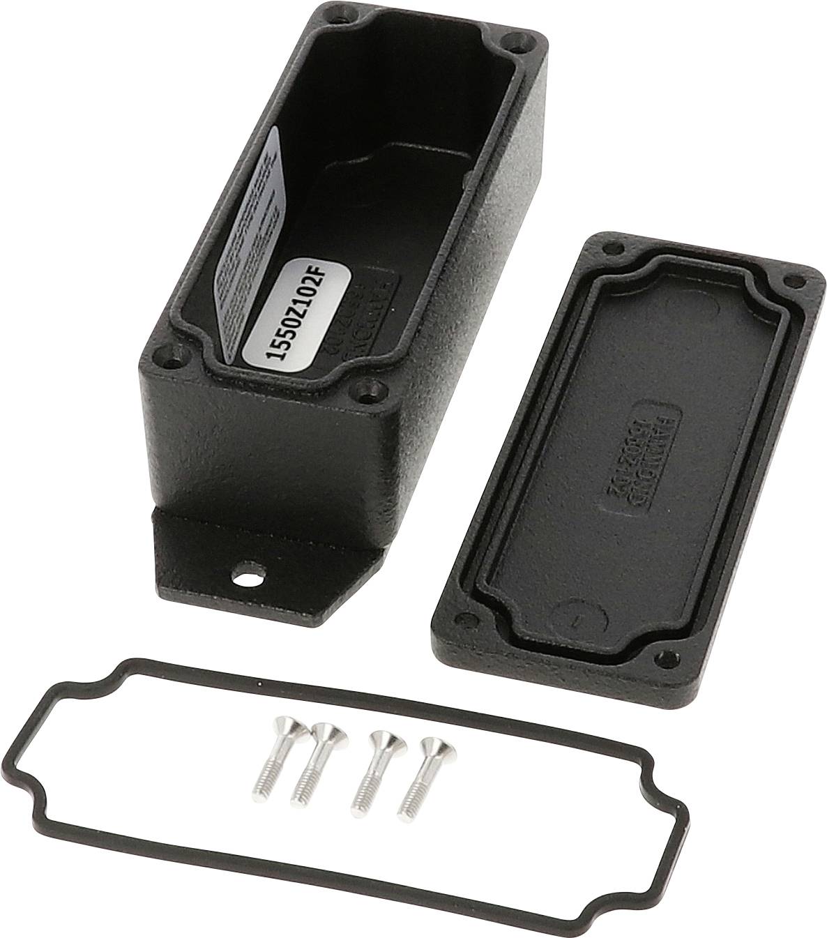 A black rectangular metal enclosure with its lid removed. Included are four screws and a gasket for sealing.