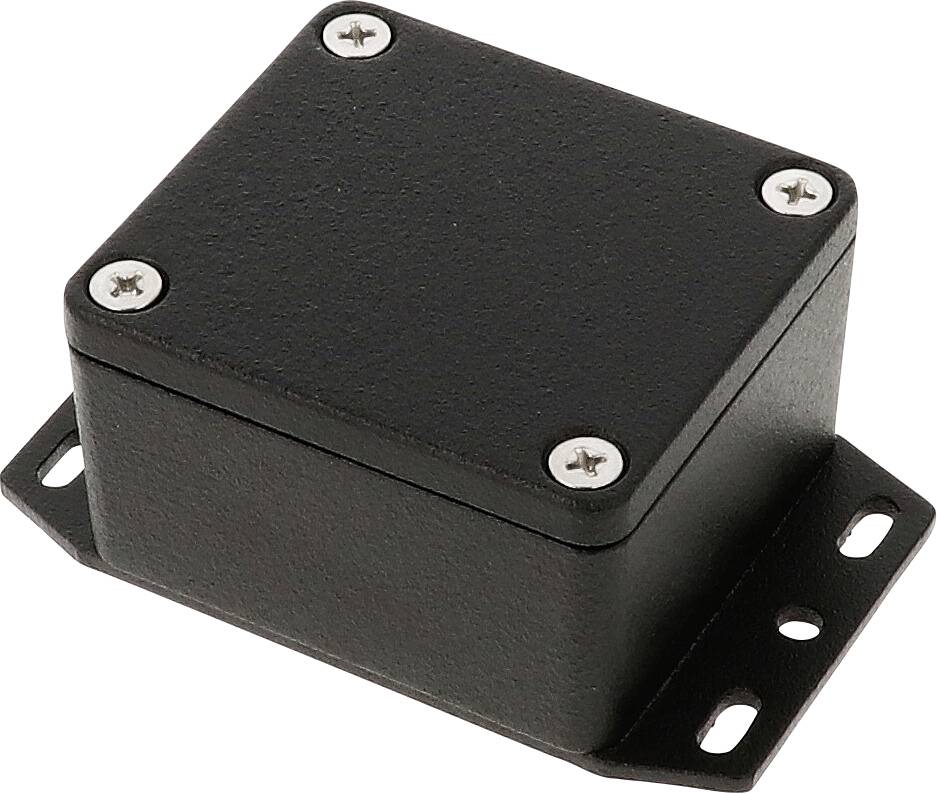 Black rectangular metal enclosure with four visible screws at the corners, mounted on a flat bracket with mounting holes.