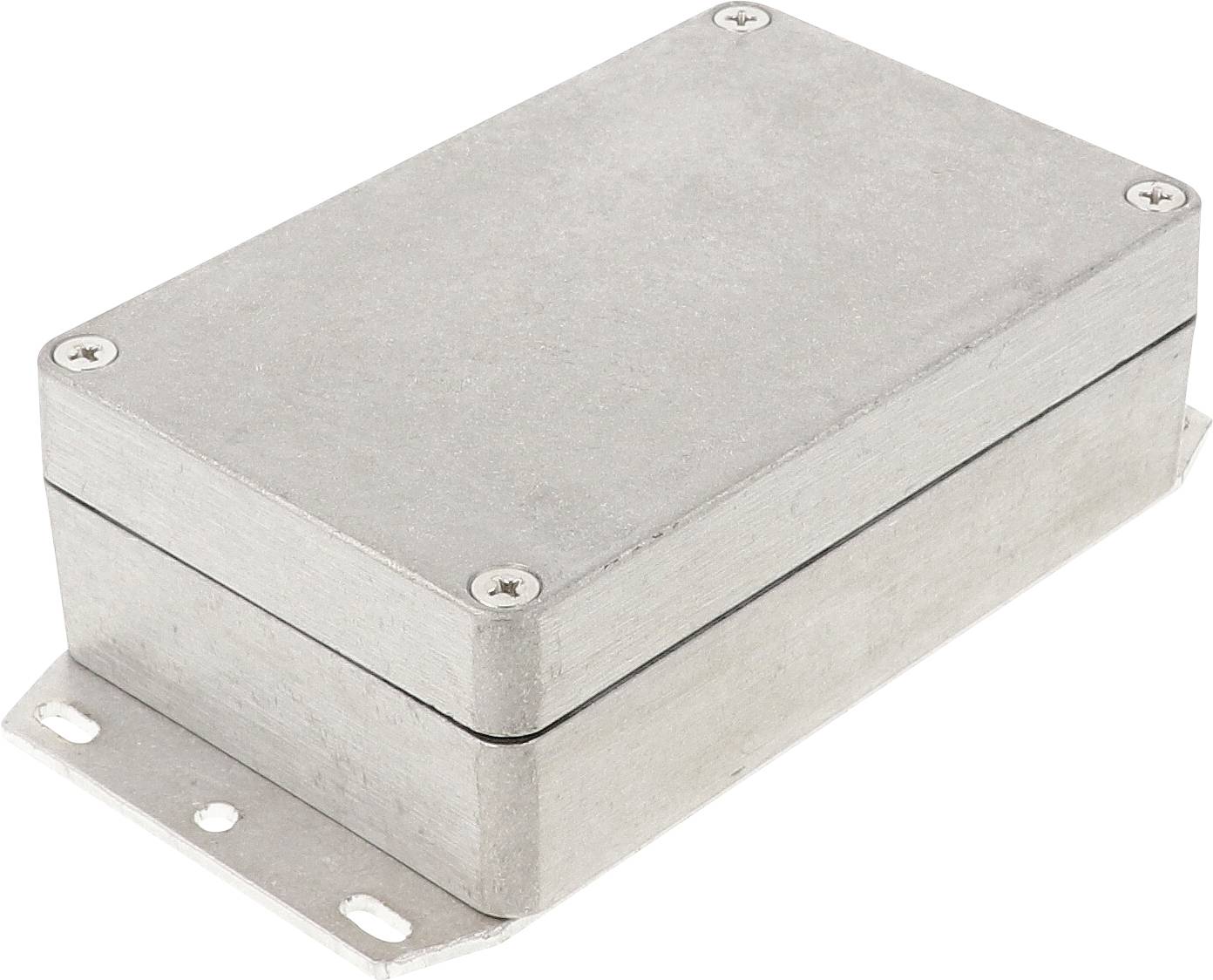 Metallic rectangular enclosure with screws at the corners and a mounting bracket on the underside.