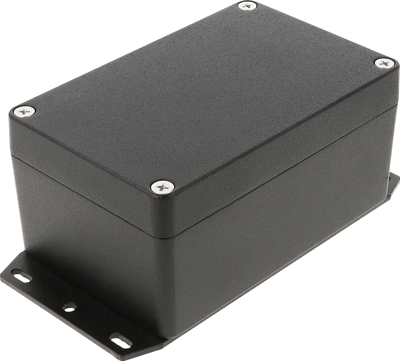 Black, rectangular electronics enclosure with rounded corners and four screws at the lid's corners for fastening.