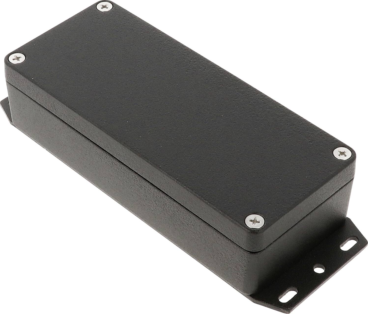 Black rectangular metal tin with four screws at the corners and two mounting tabs on the sides.